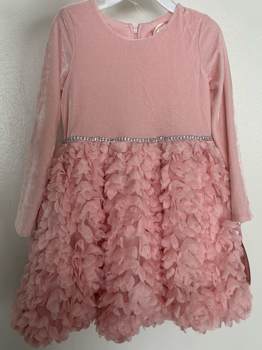 Nanette Pink velvet Petal Dress with Rhinestone Waist